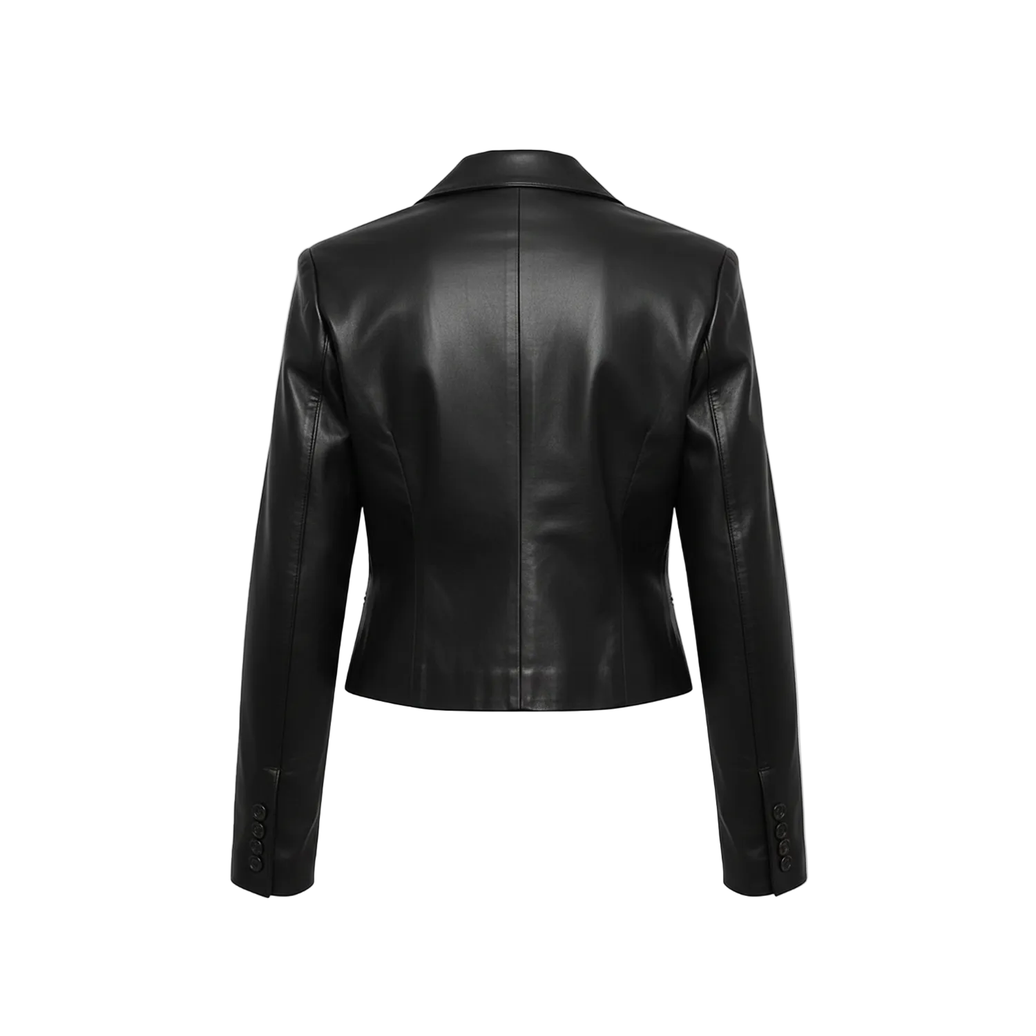 Black leather jacket on a white background with brand logo.