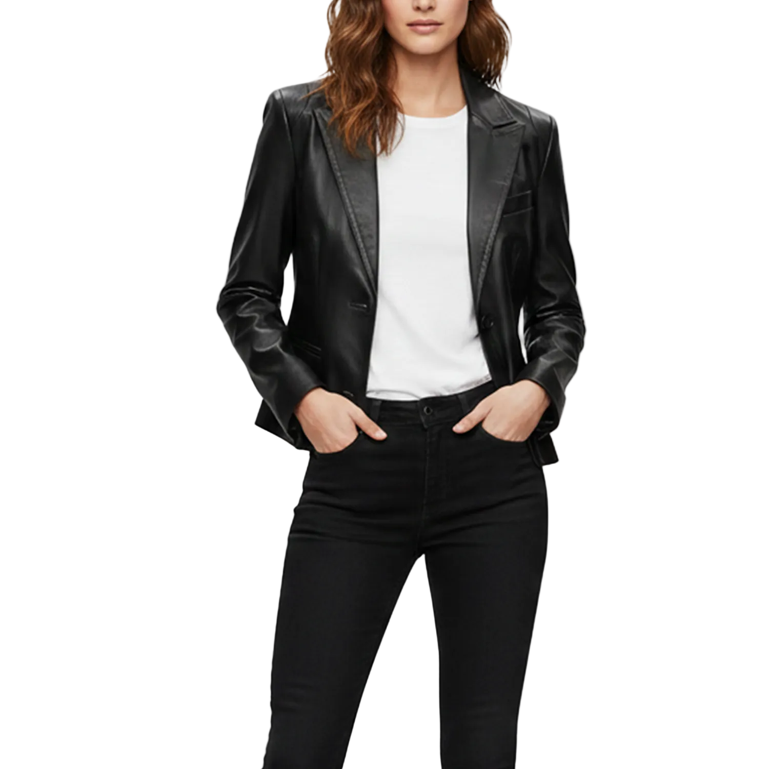 Person wearing a black leather jacket over a white shirt and black pants on a white background
