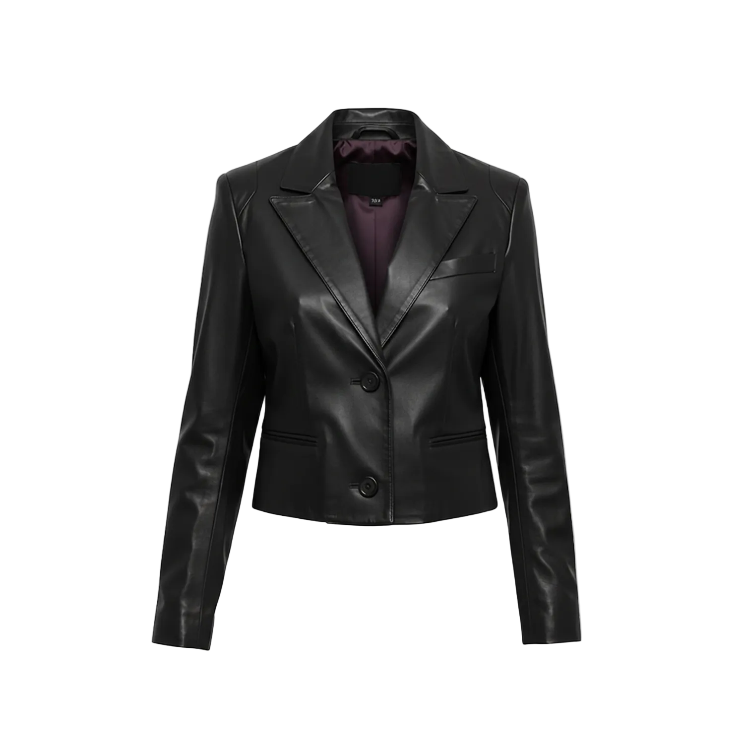 Black leather jacket on a white background with brand logo.