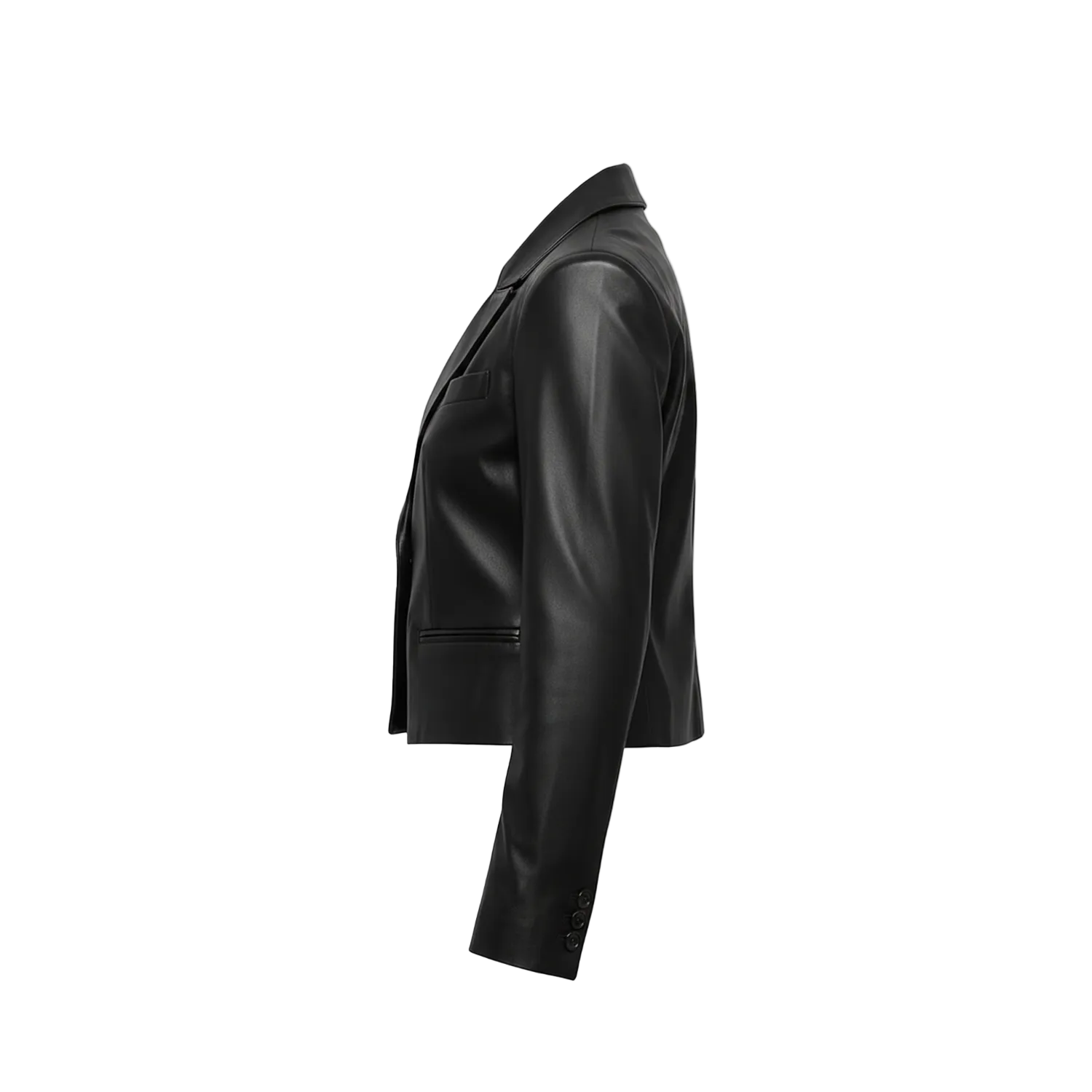 Black leather jacket on a white background with a brand logo.