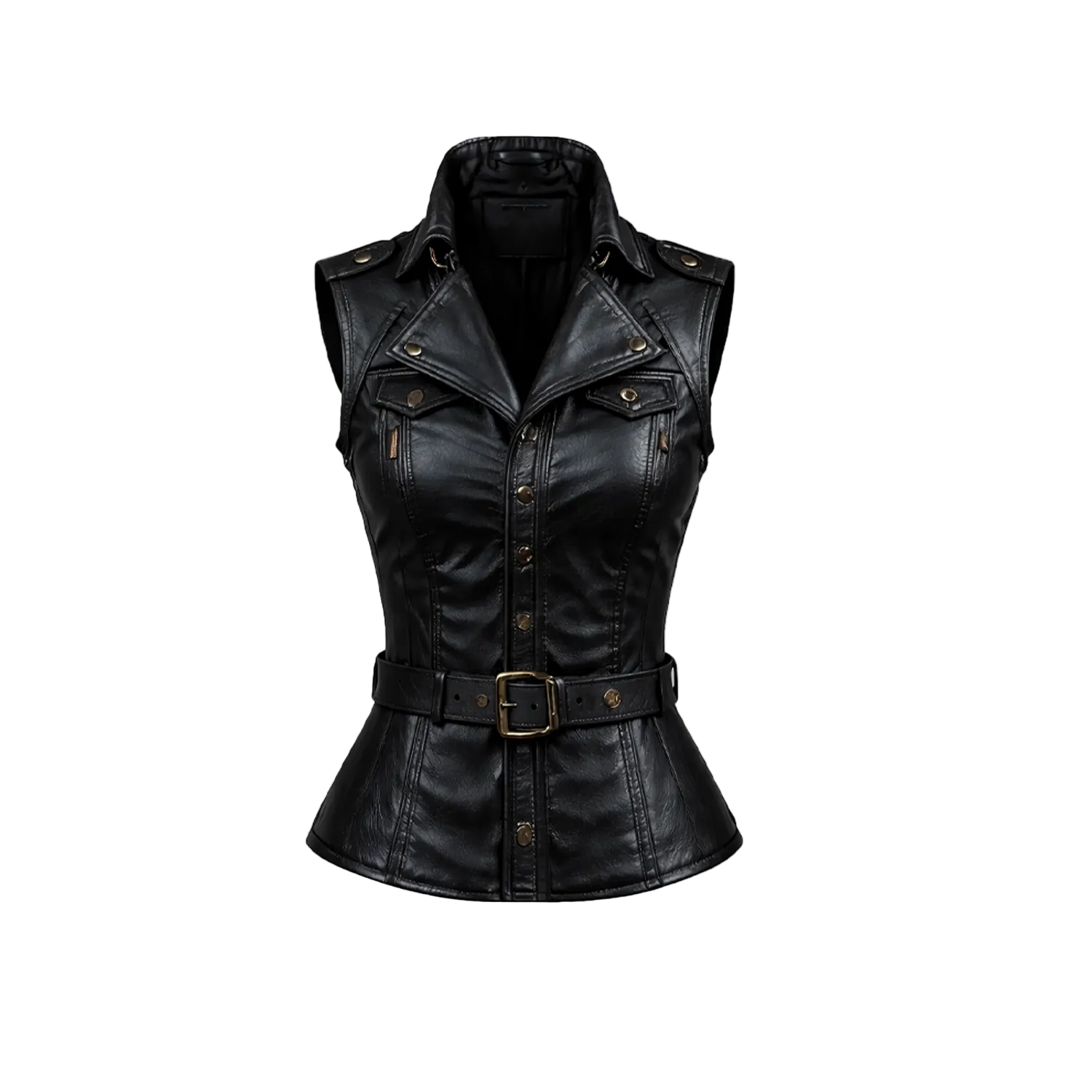 Black leather vest with a belt on a white background