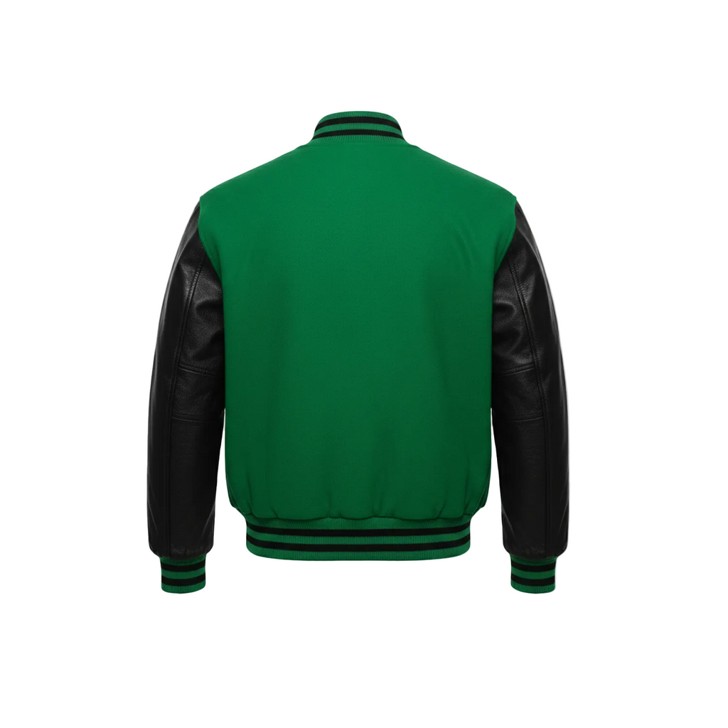 Green varsity jacket with black leather sleeves on a white background