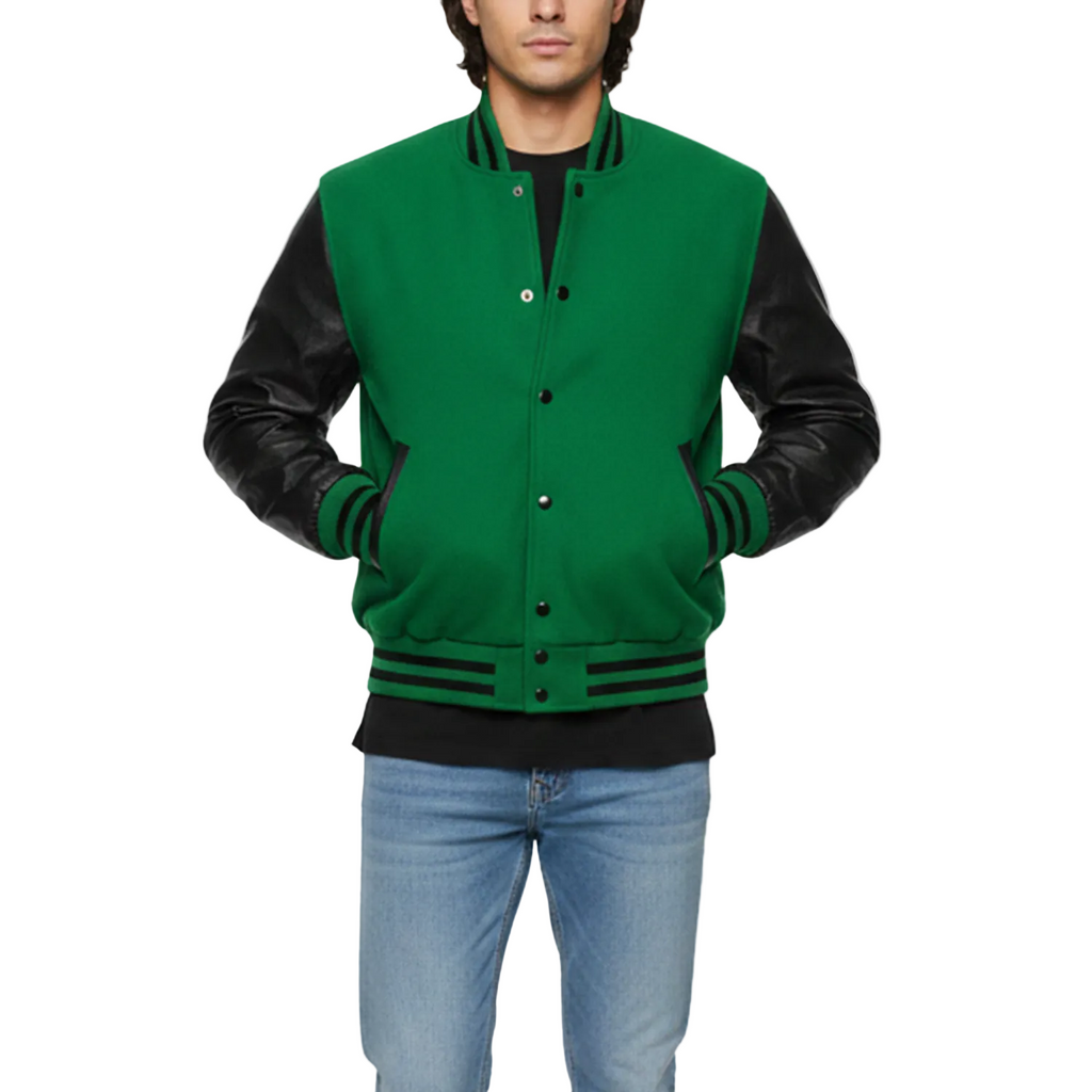 Green varsity jacket with black sleeves worn by a person on a white background