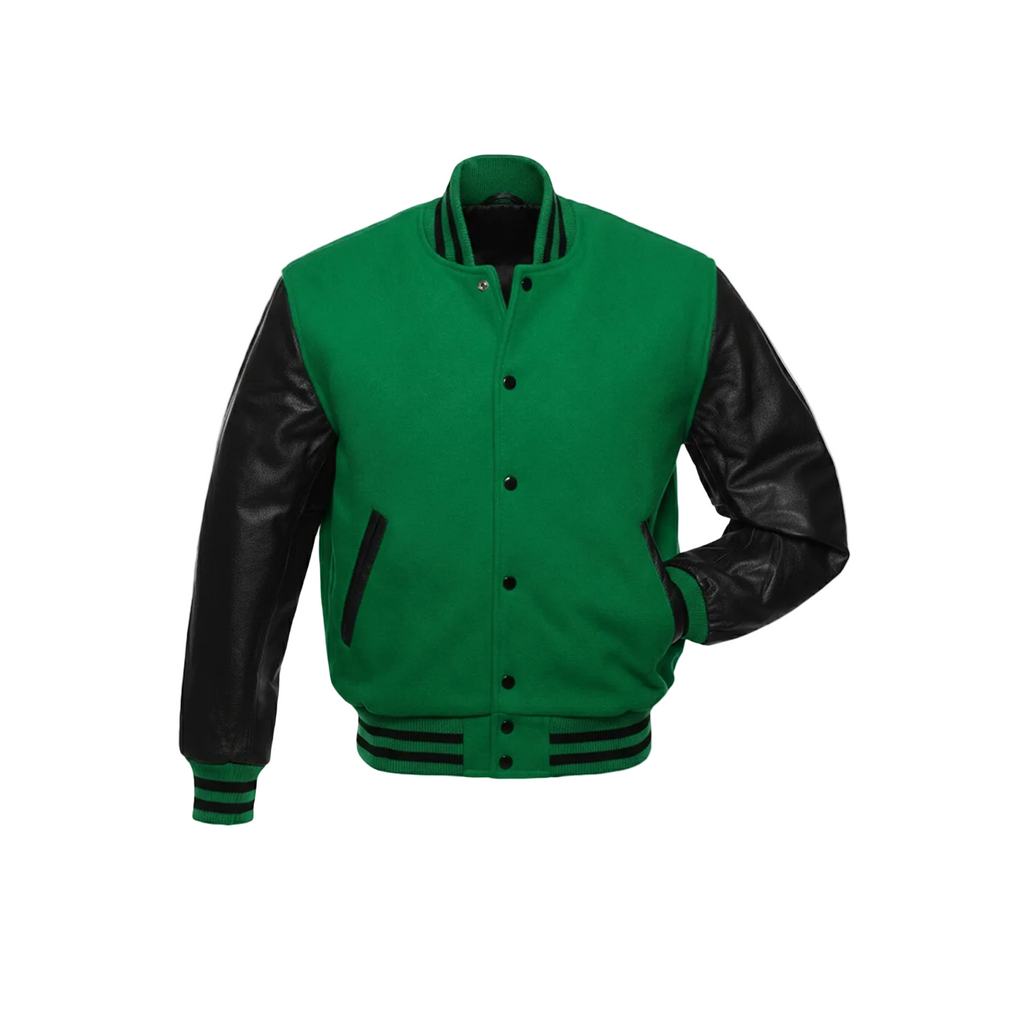 Green varsity jacket with black leather sleeves on a white background