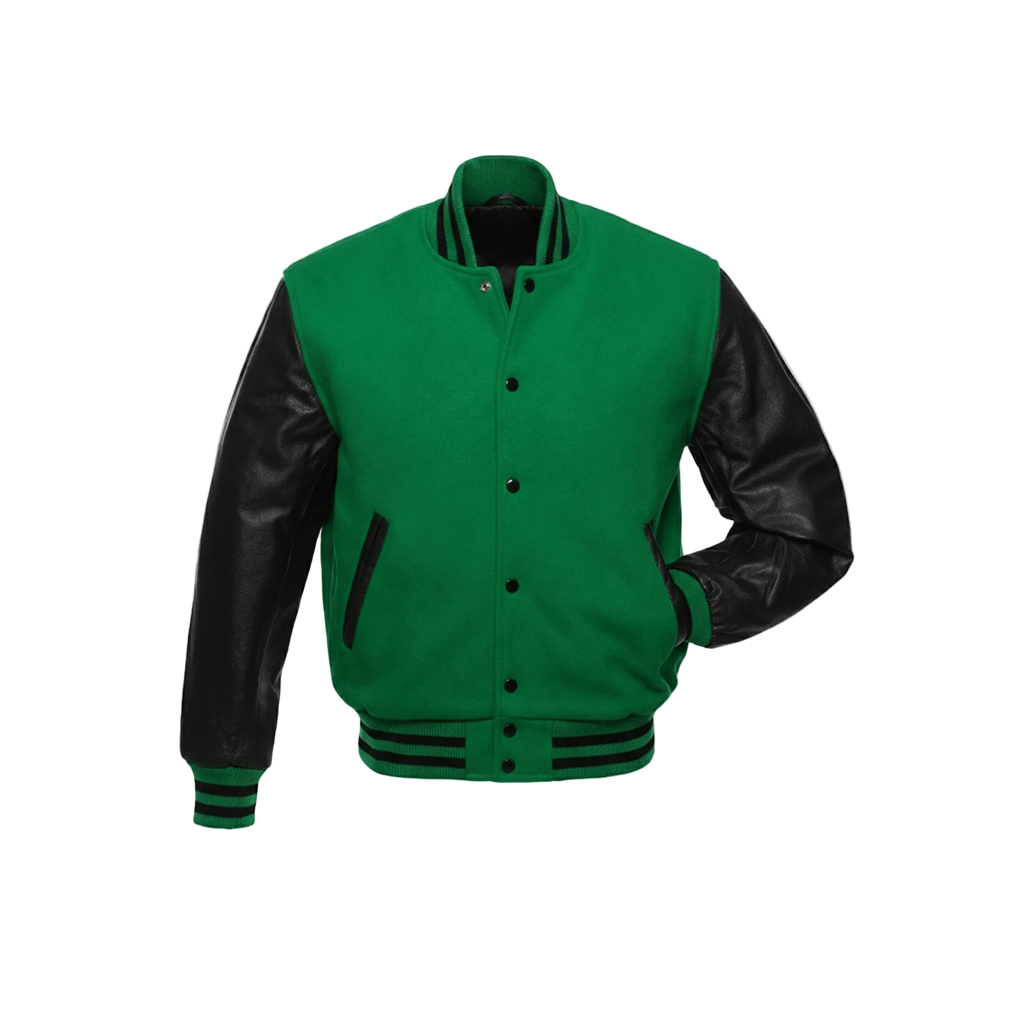 Green varsity jacket with black leather sleeves on a white background