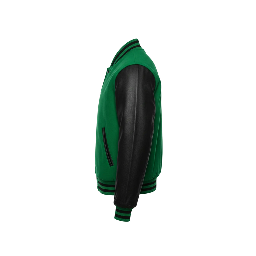 Green and black varsity jacket on a white background with a brand logo.