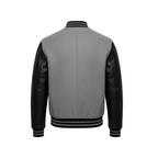 Gray varsity jacket with black leather sleeves on a white background