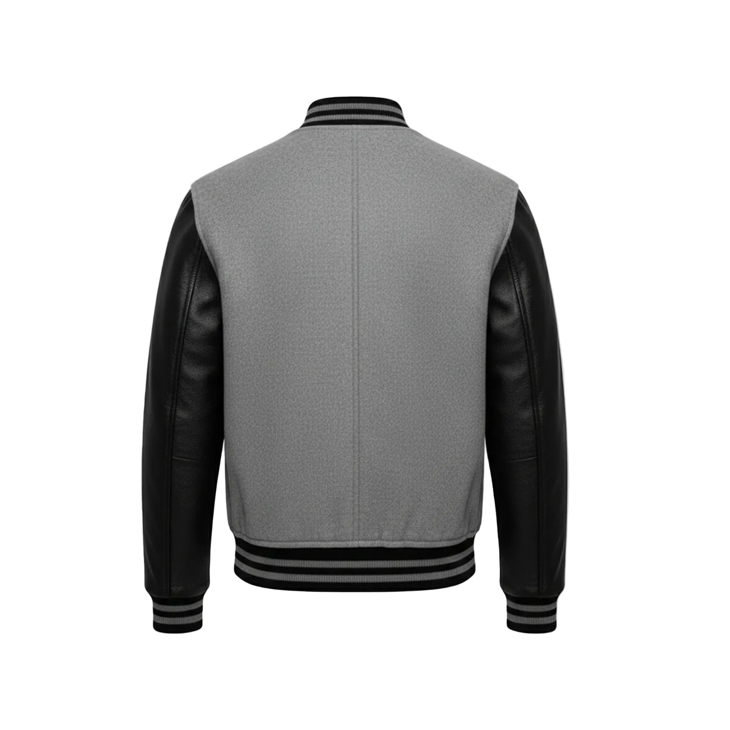 Gray varsity jacket with black leather sleeves on a white background