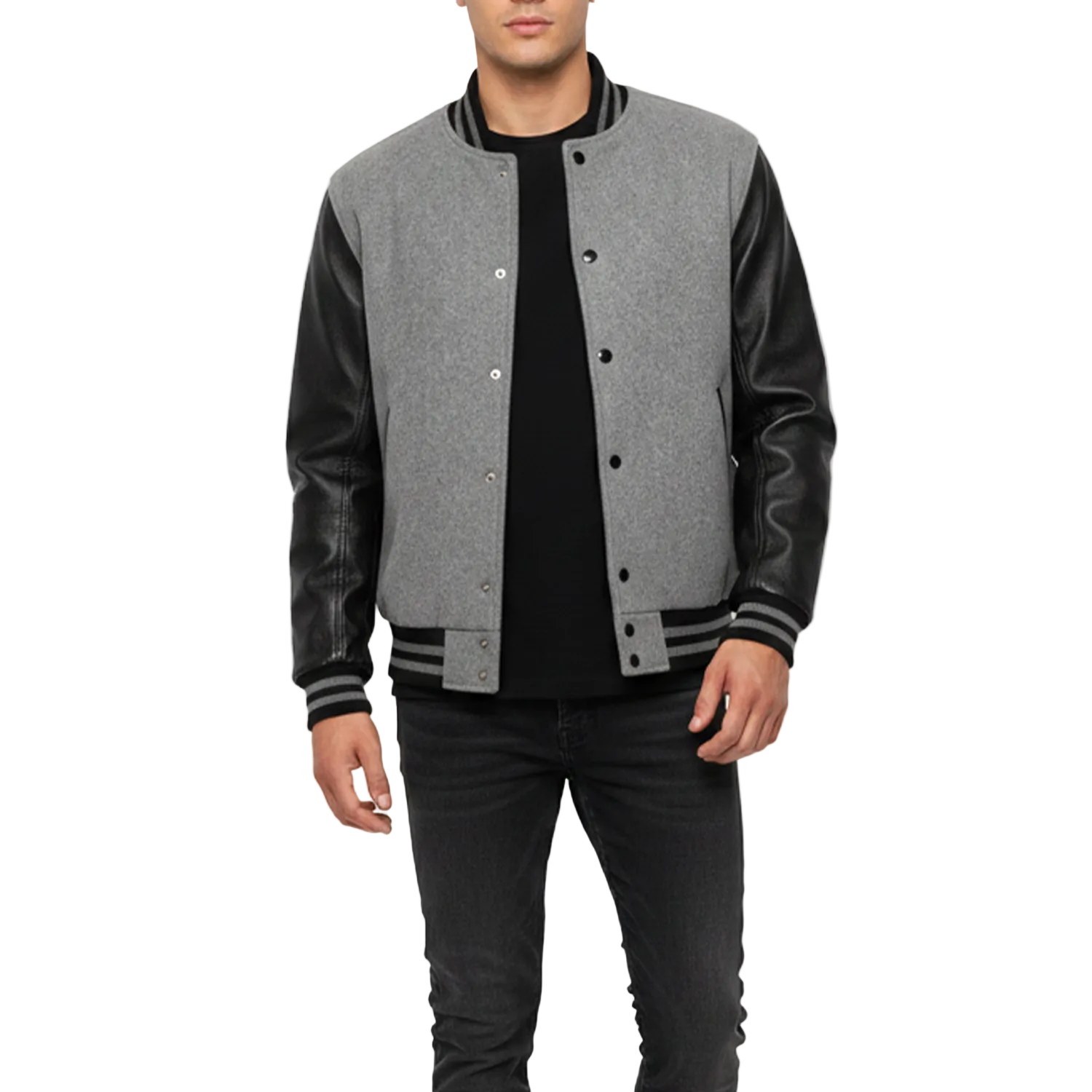 Gray varsity jacket with black leather sleeves worn by a person on a white background