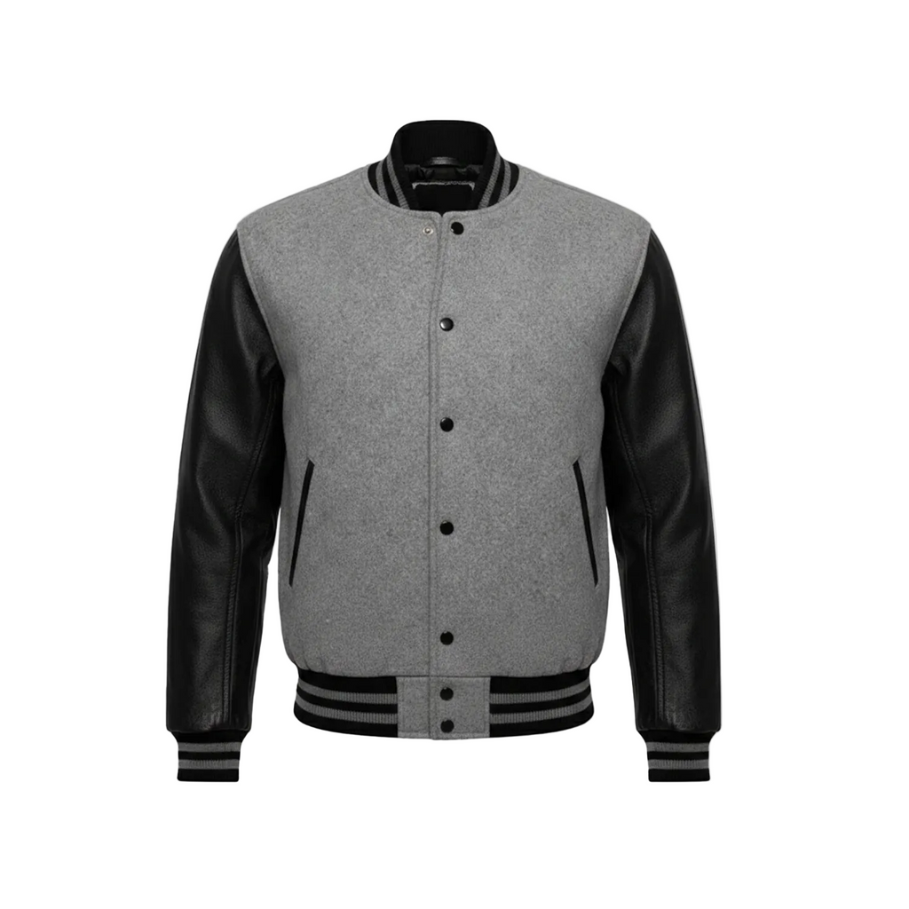 Gray varsity jacket with black leather sleeves on a white background