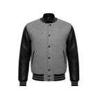 Gray varsity jacket with black leather sleeves on a white background