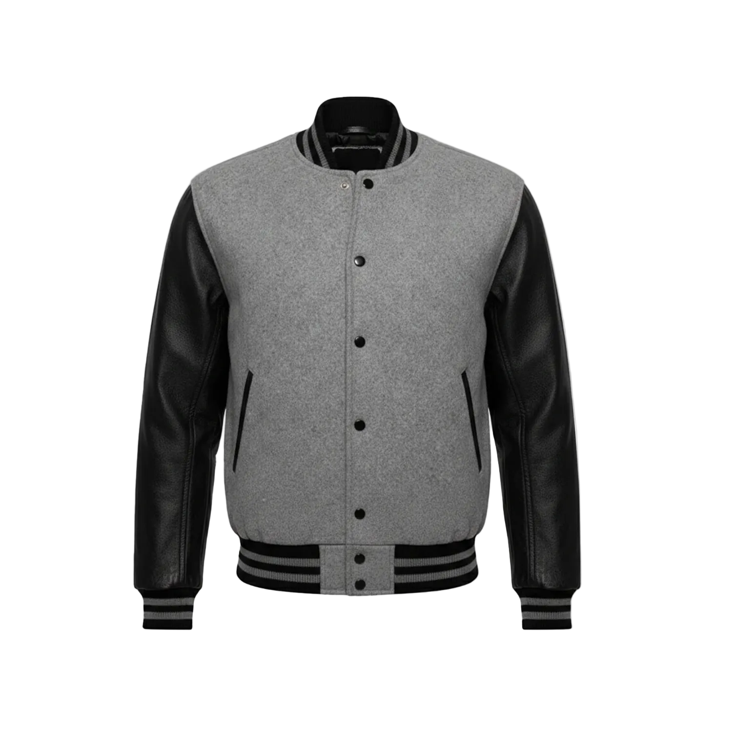 Gray varsity jacket with black leather sleeves on a white background