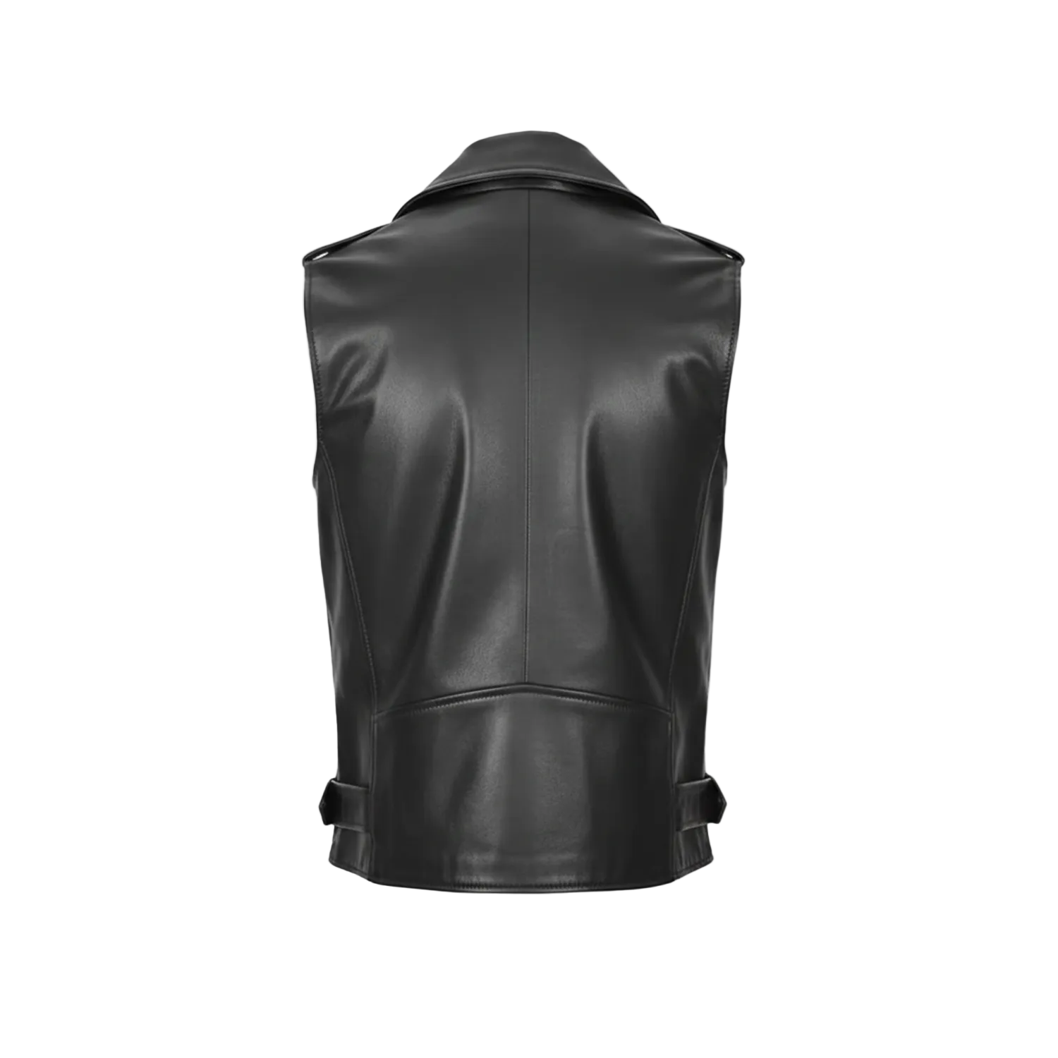 Black leather vest on a white background with a brand logo in the corner.