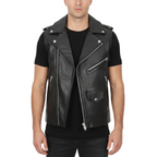 Man wearing a black leather vest with silver zippers on a white background