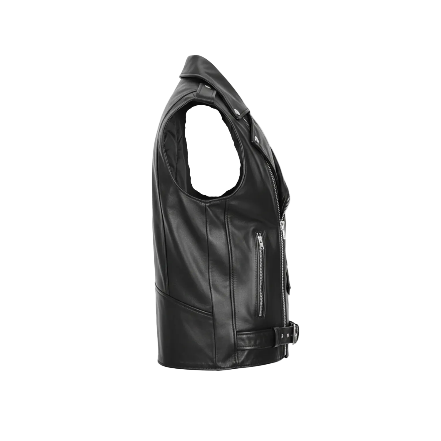 Black leather vest on a white background with a brand logo.