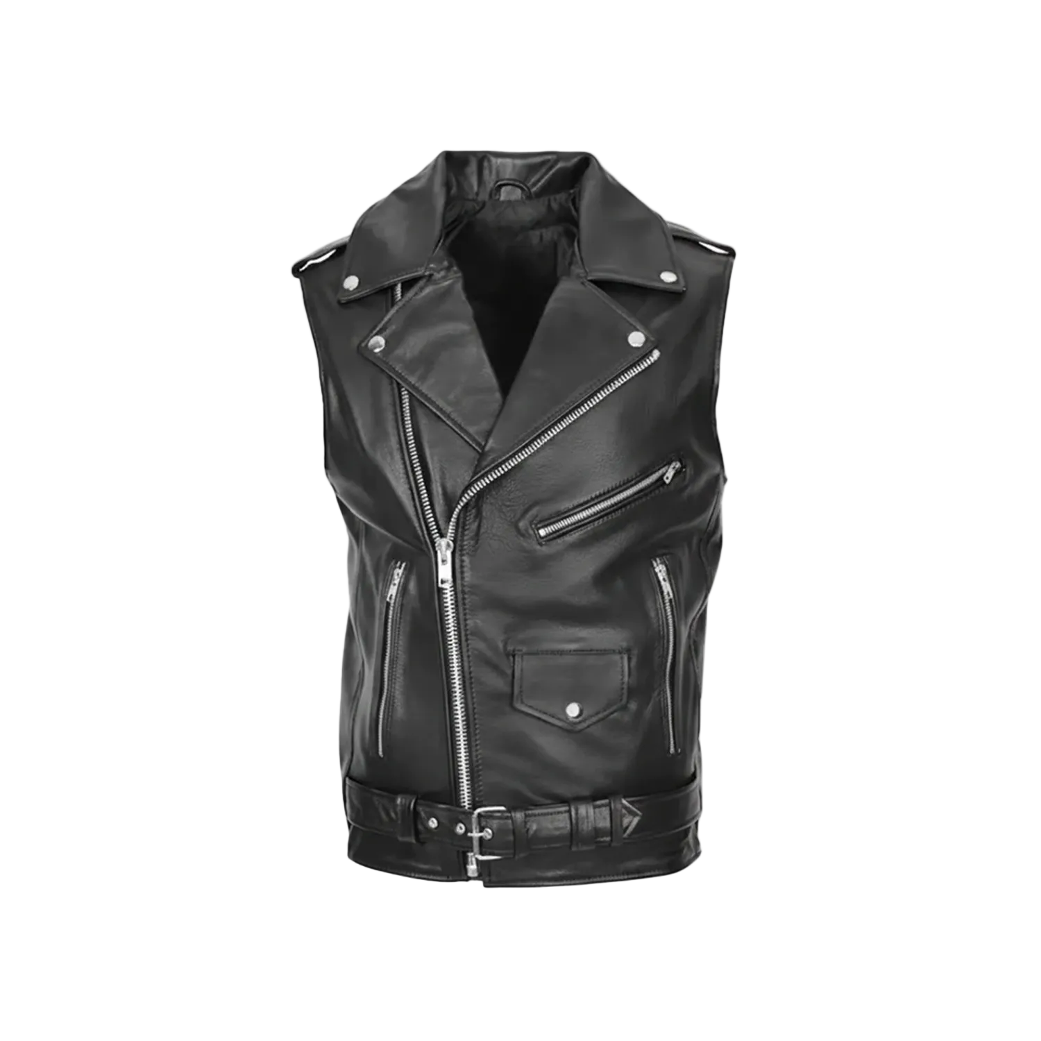 Black leather vest with zippers on a white background