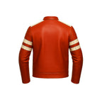 Red leather jacket with white stripes on sleeves on a white background