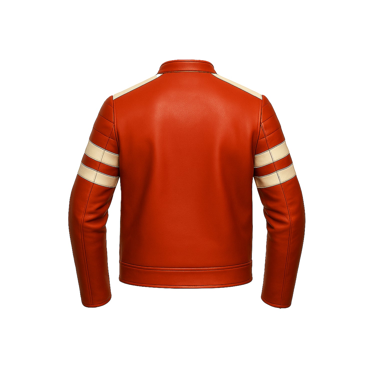 Red leather jacket with white stripes on sleeves on a white background