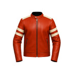 Red leather jacket with white stripes on sleeves on a white background