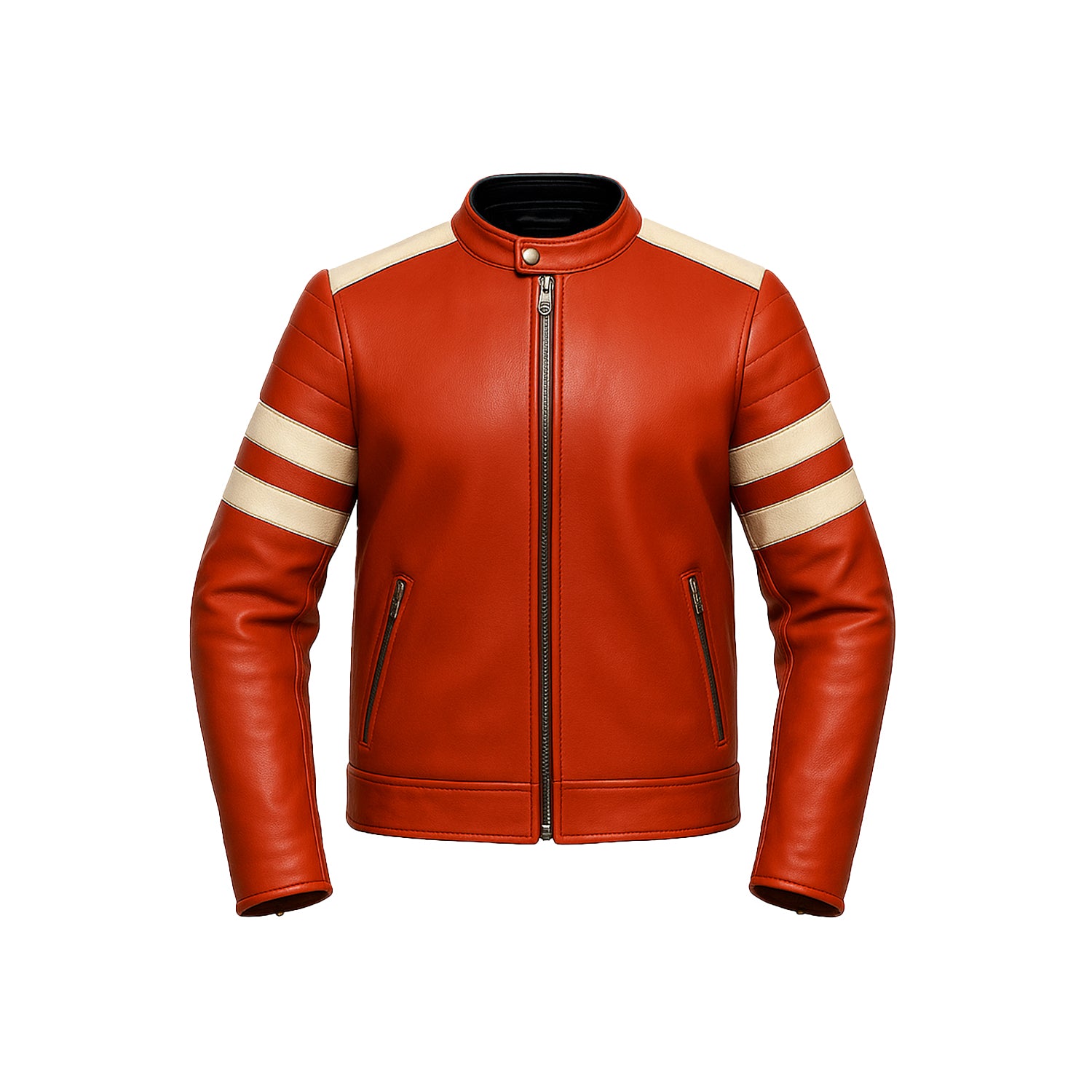 Red leather jacket with white stripes on sleeves on a white background