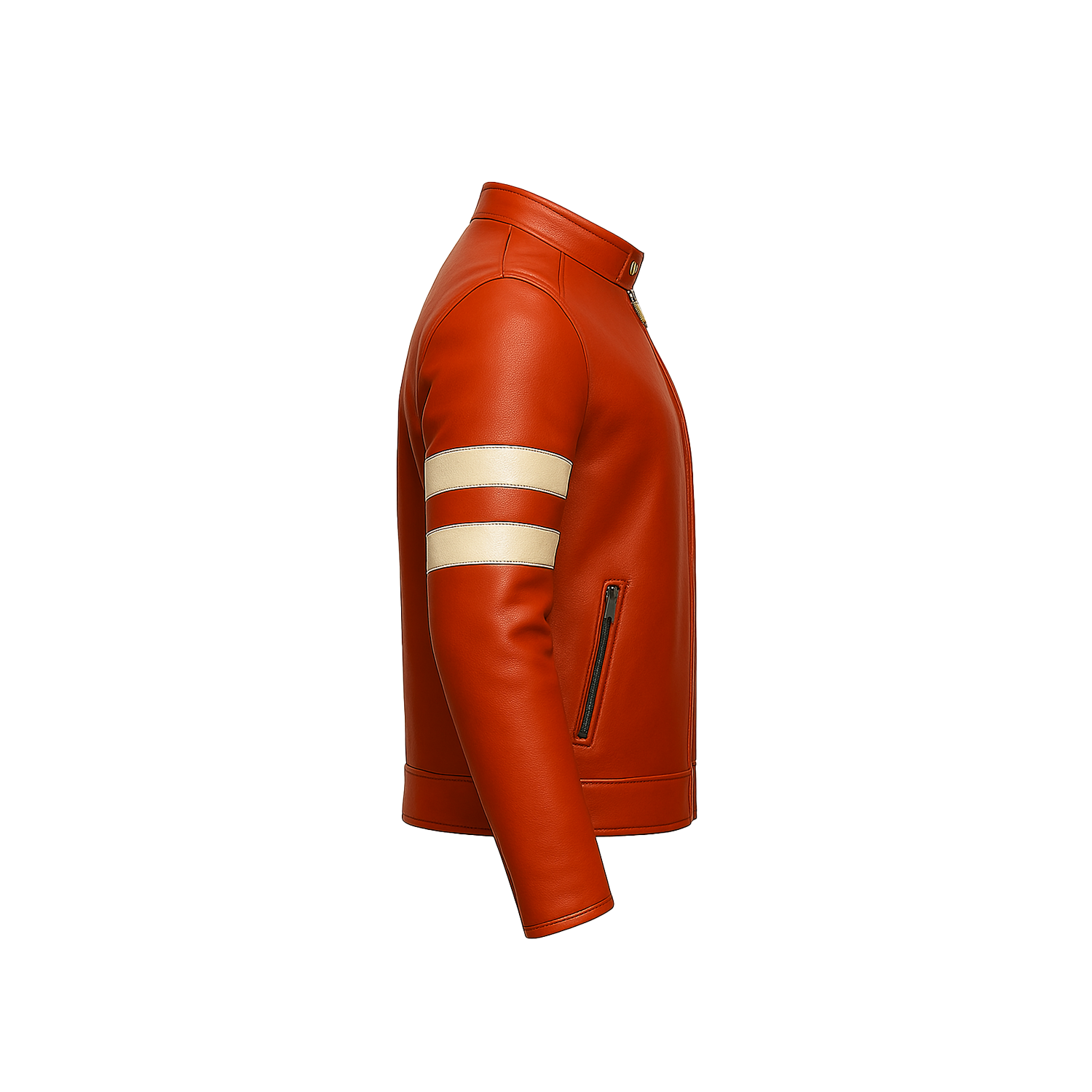 Side view of a red leather jacket with white stripes on a white background