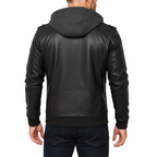 Black leather jacket with a hood on a white background