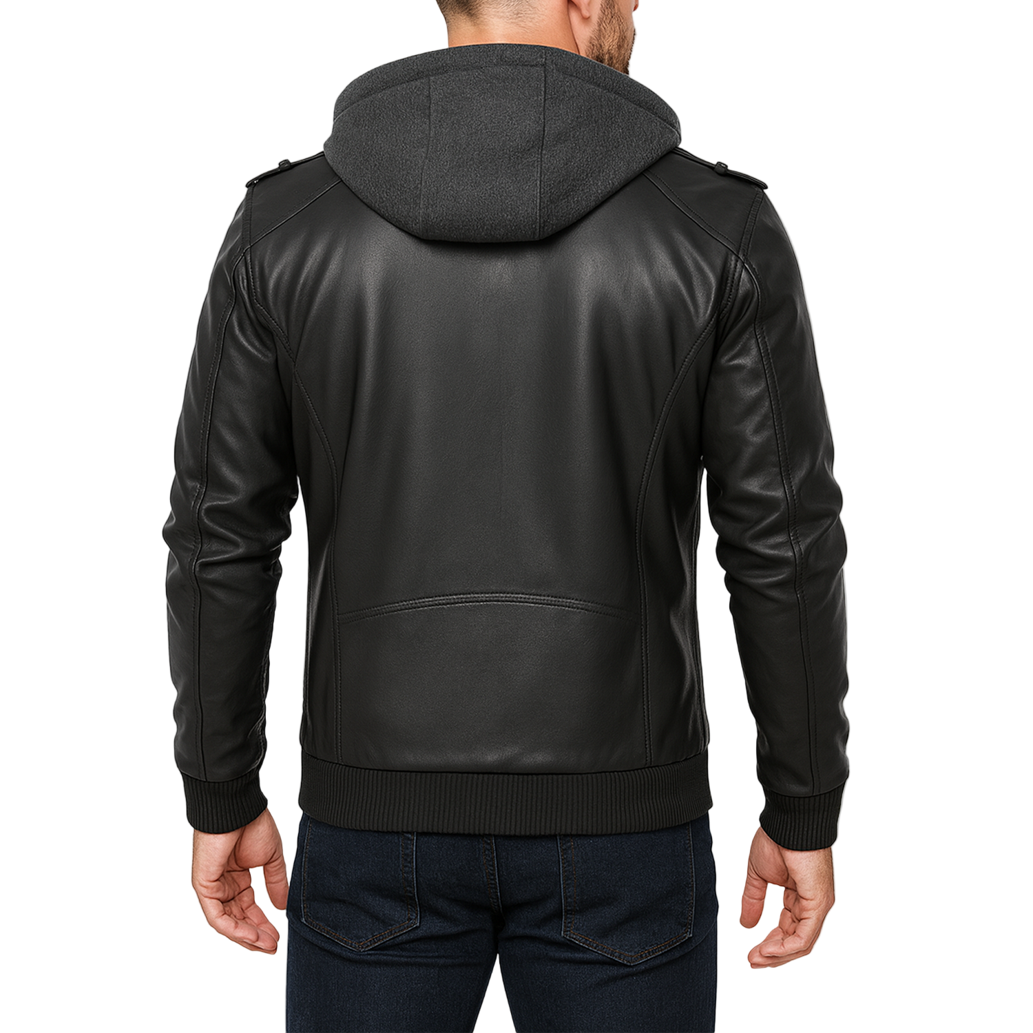 Black leather jacket with a hood on a white background