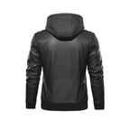Black leather jacket with a hood on a white background