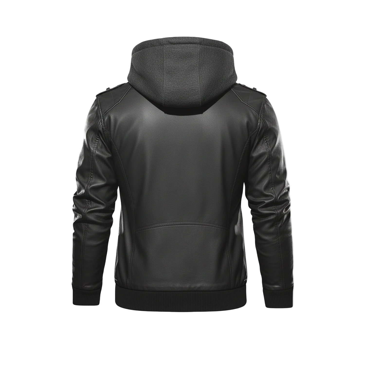 Black leather jacket with a hood on a white background