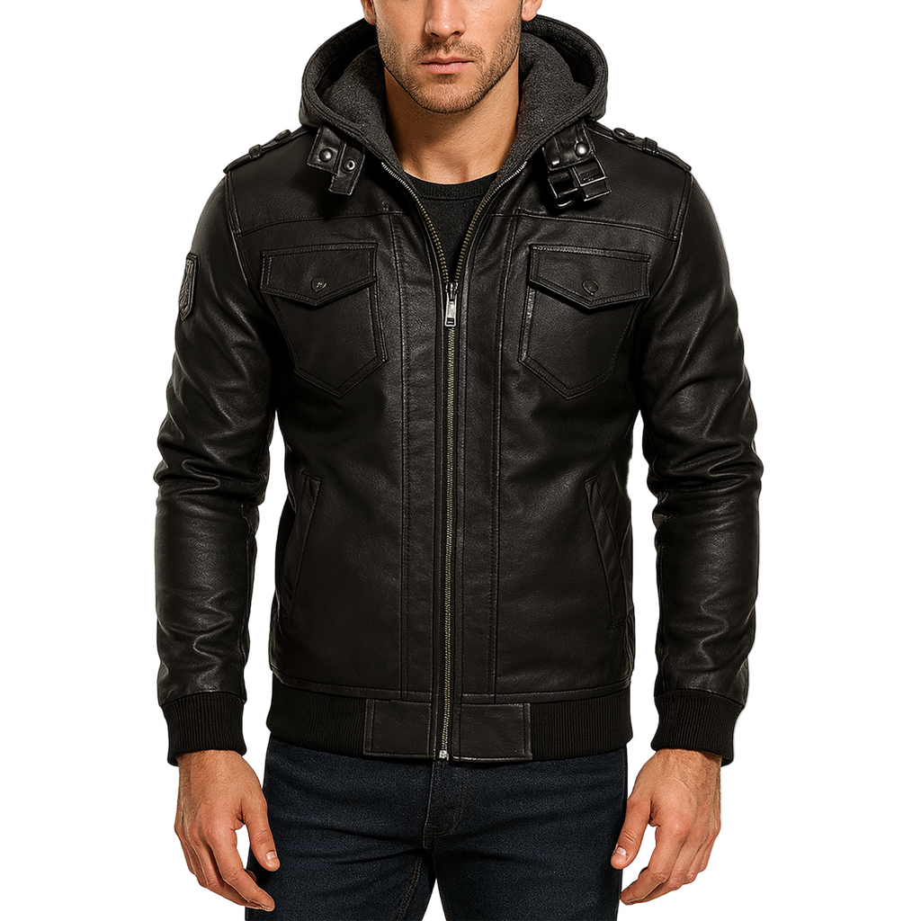 Black leather jacket with a hood on a white background
