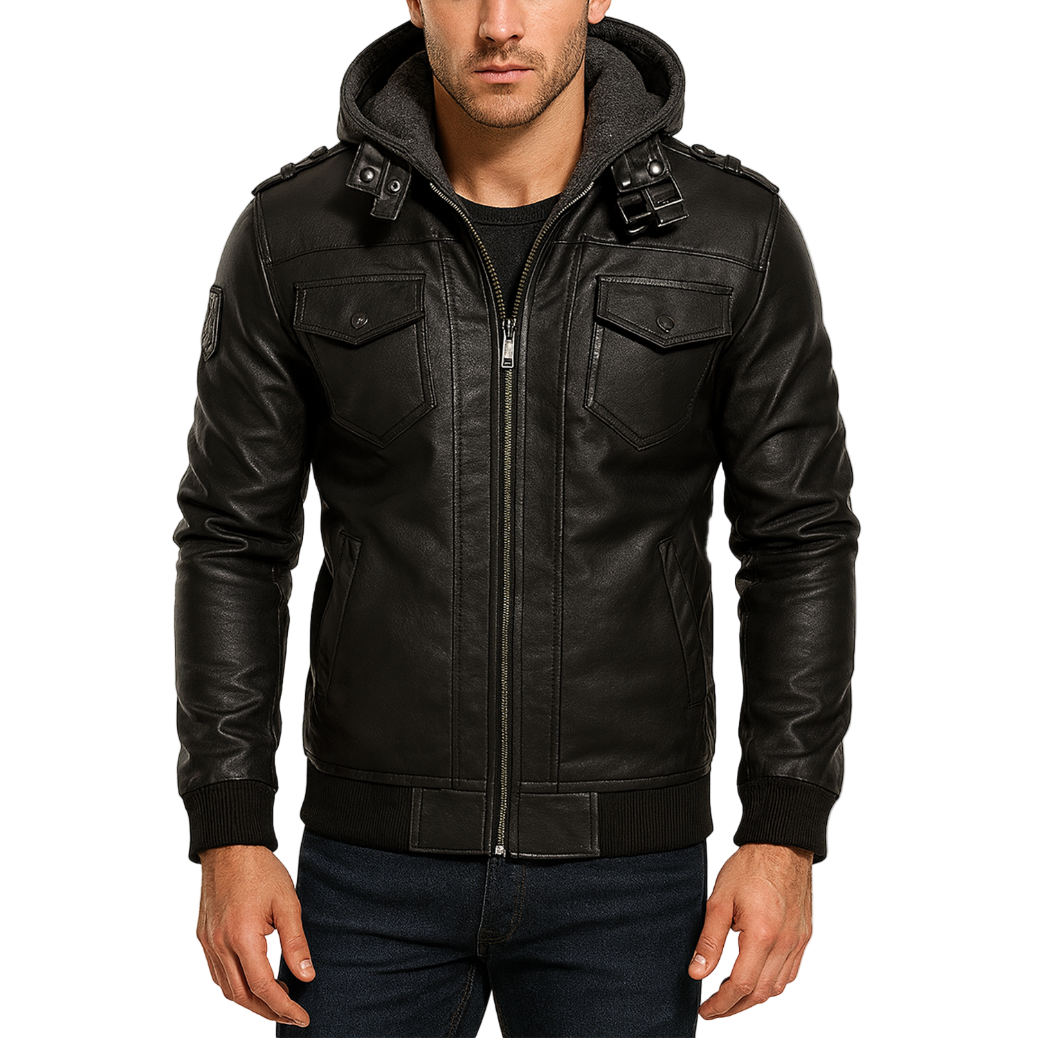 Black leather jacket with a hood on a white background