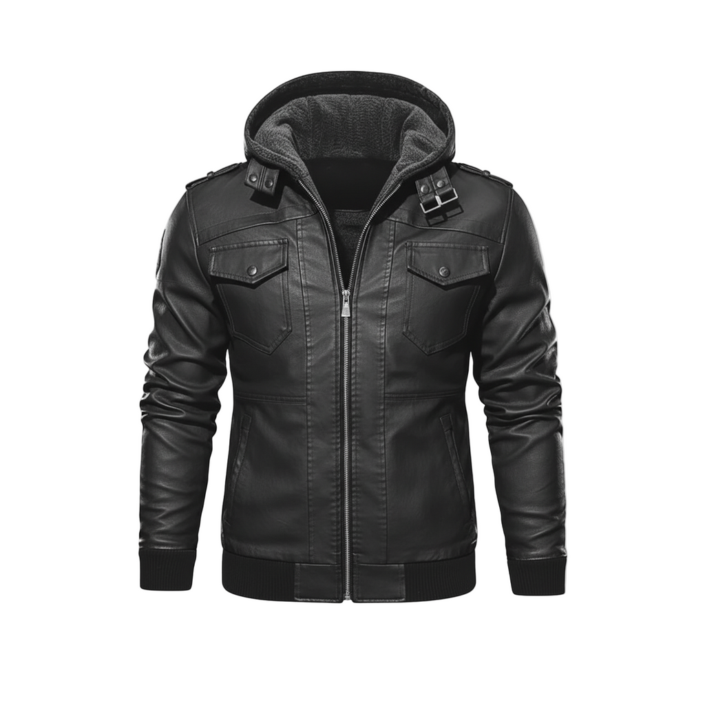 Black leather jacket with a hood on a white background