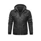 Black leather jacket with a hood on a white background