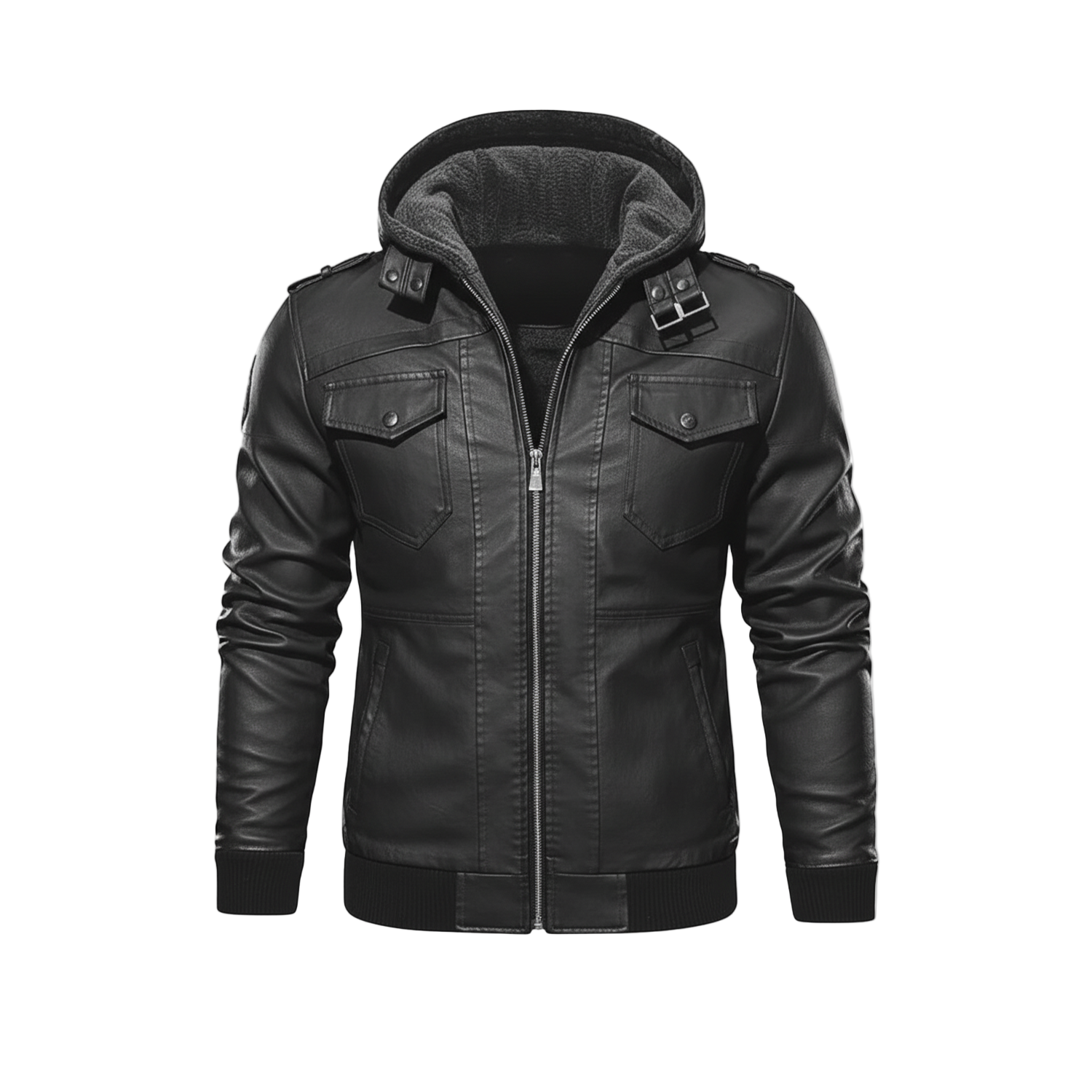 Black leather jacket with a hood on a white background