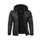 Black leather jacket with a hood on a white background