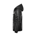 Black leather jacket with a hood on a white background