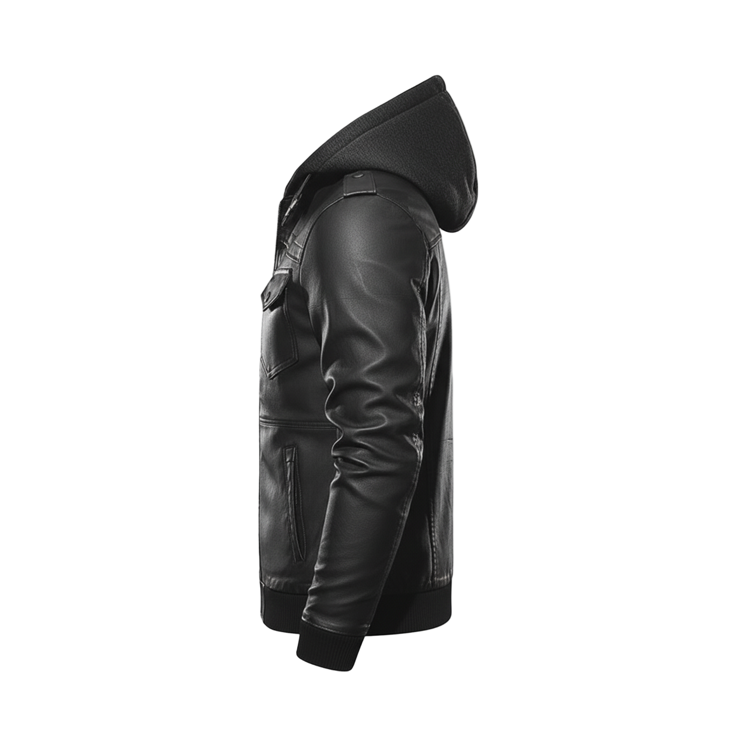 Black leather jacket with a hood on a white background