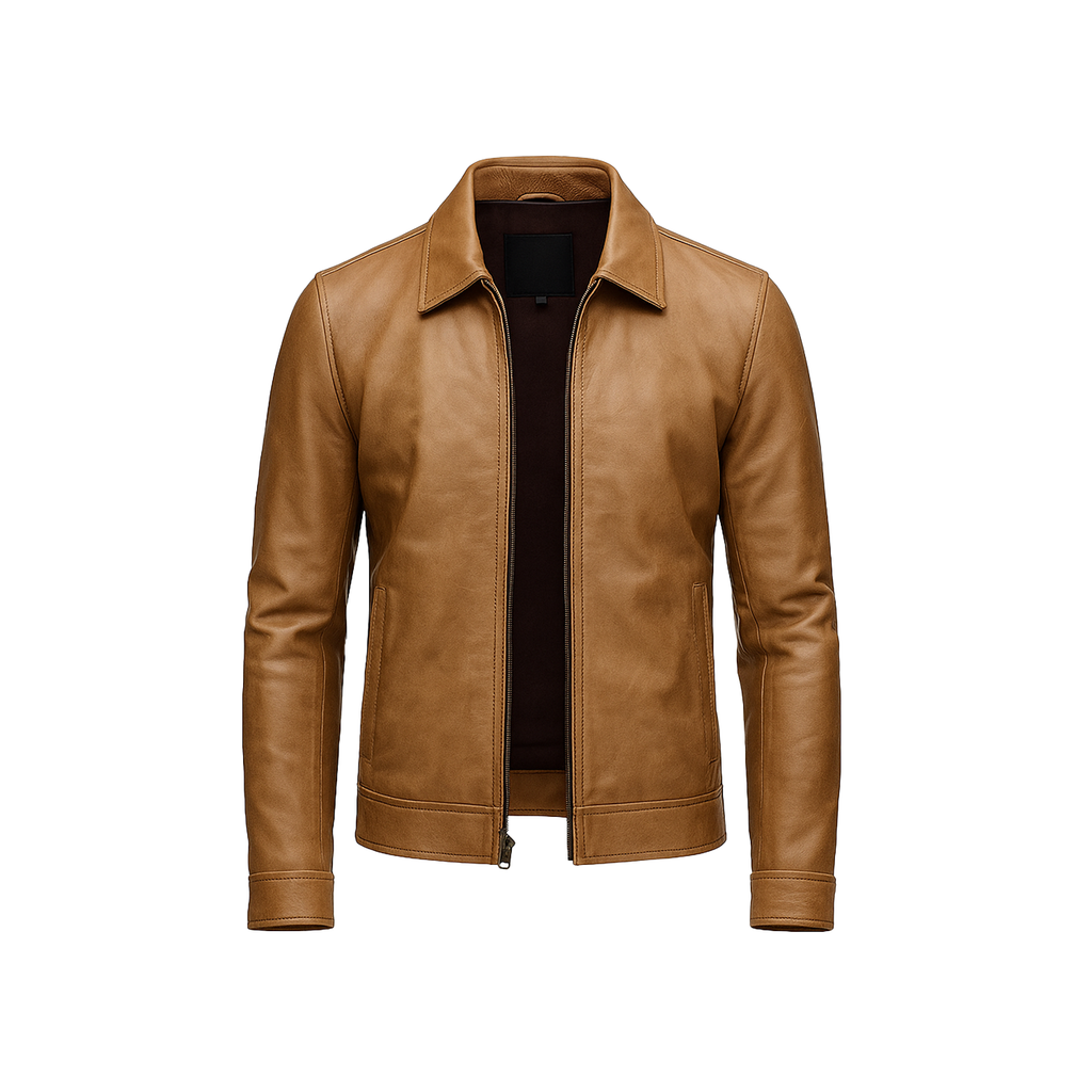 Brown leather jacket on a white background
