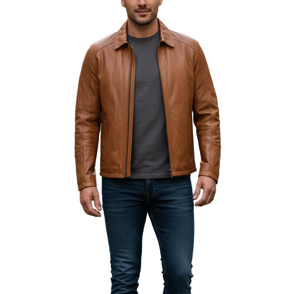 Man wearing a brown leather jacket over a gray shirt on a white background