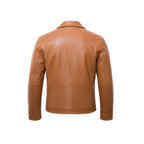 Brown leather jacket on a white background with a brand logo.