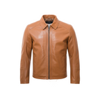 Brown leather jacket on a white background with a brand logo.