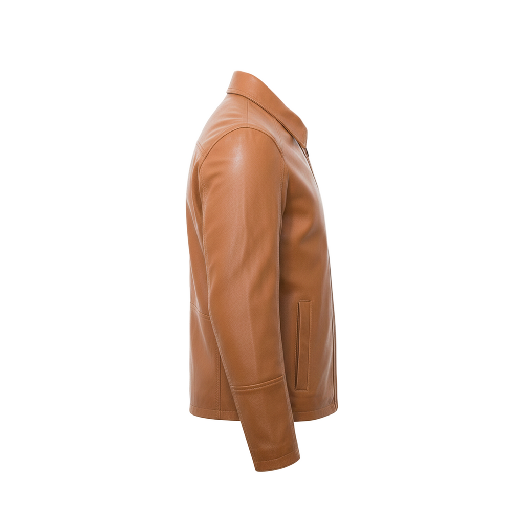 Brown leather jacket on a white background with a brand logo.