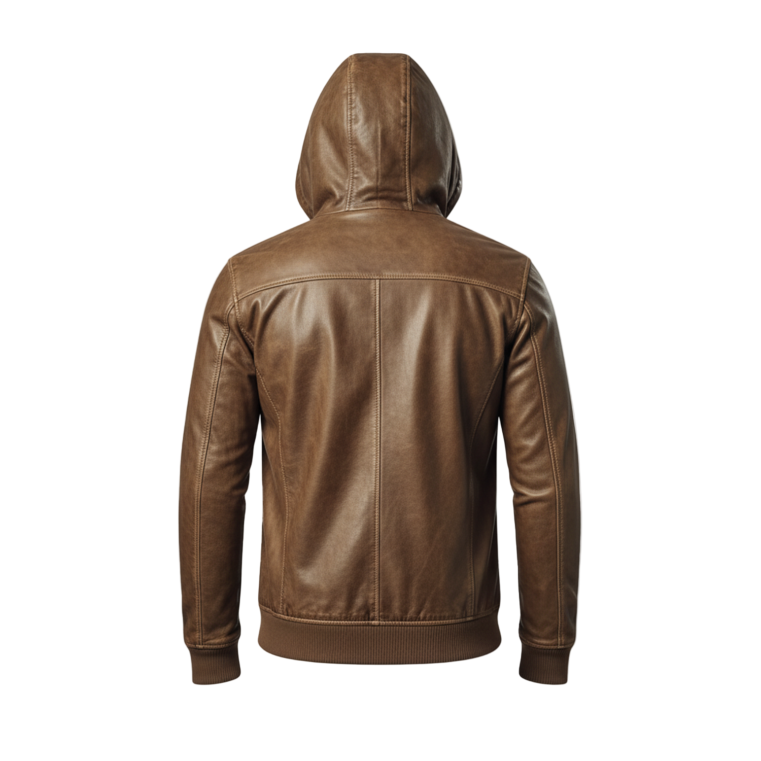Brown leather hoodie on a white background with a brand logo.