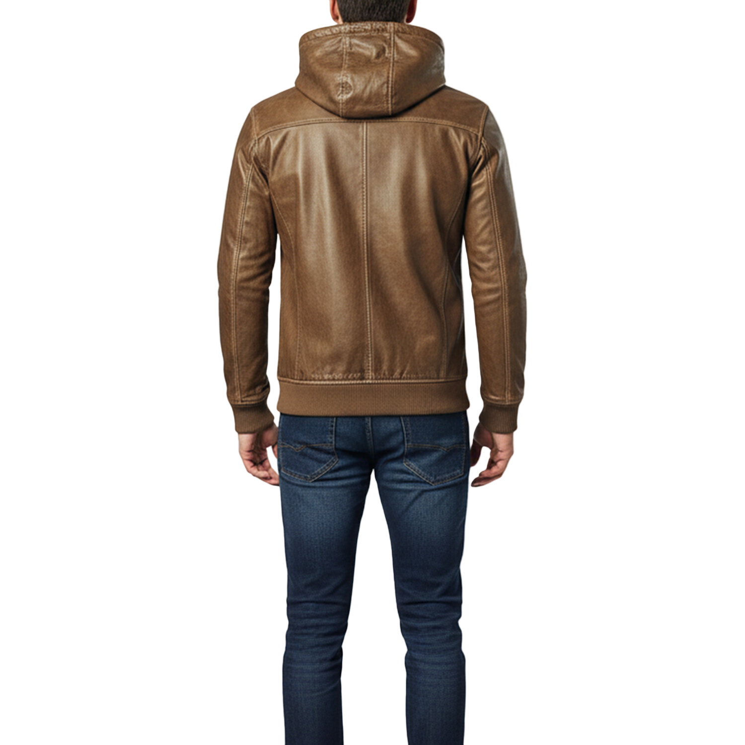 Brown leather jacket with hood worn by a person on a white background