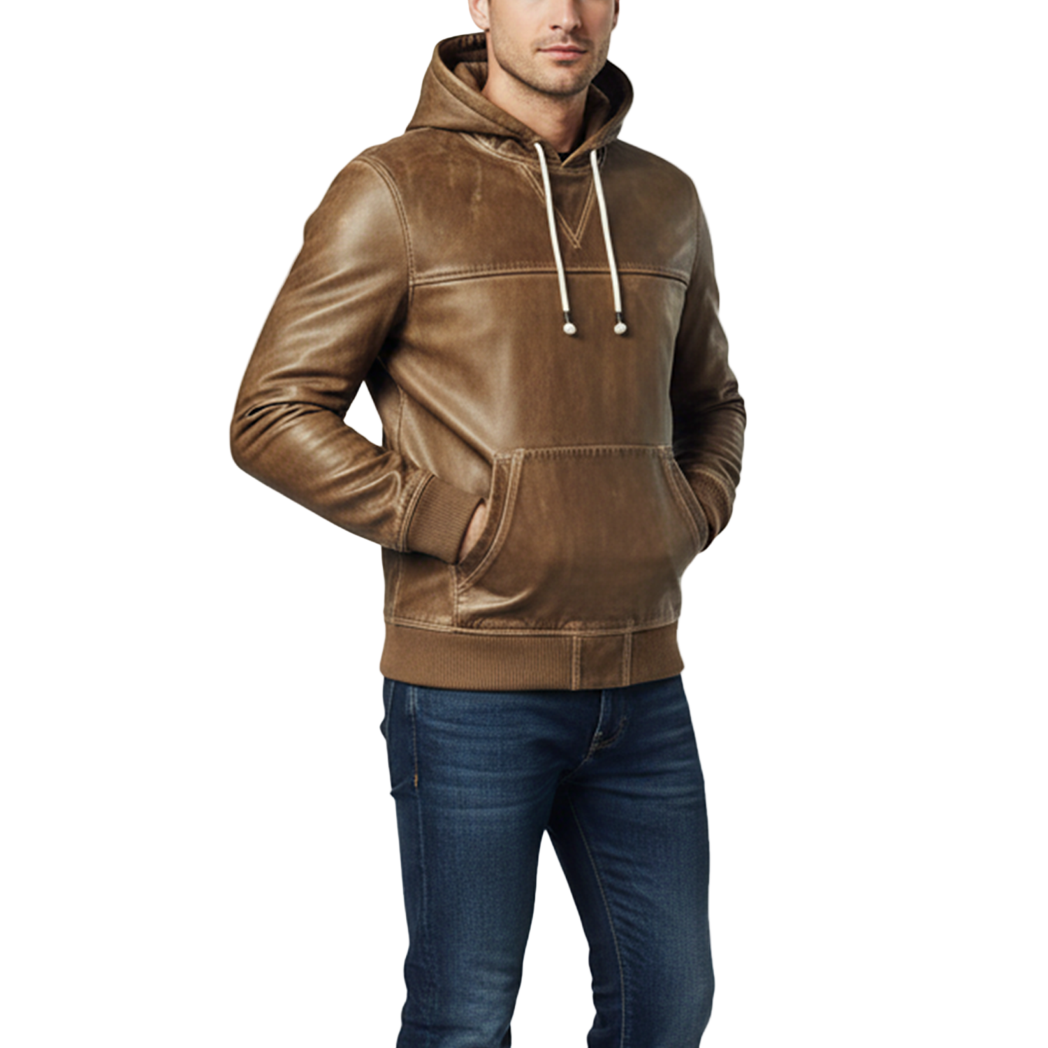 Brown leather hoodie worn by a person on a white background