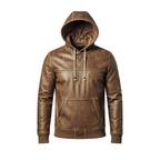 Brown leather hoodie on a white background with a brand logo.