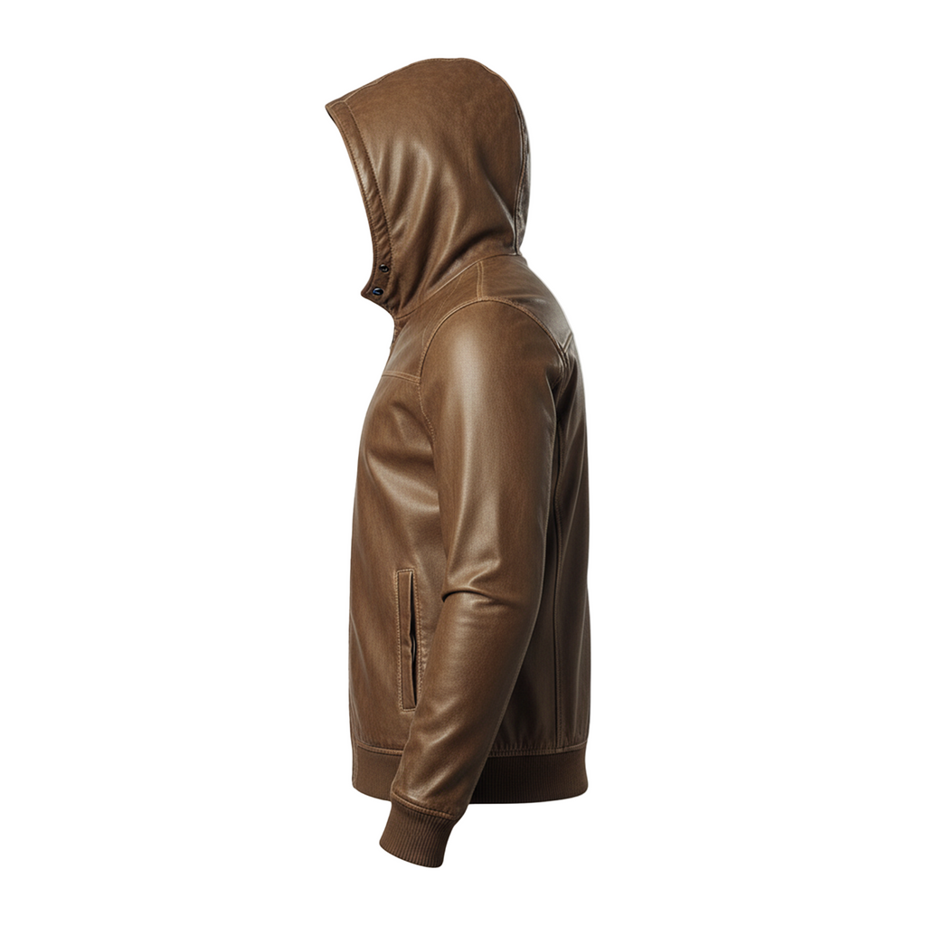 Brown leather hoodie on a white background with a brand logo.