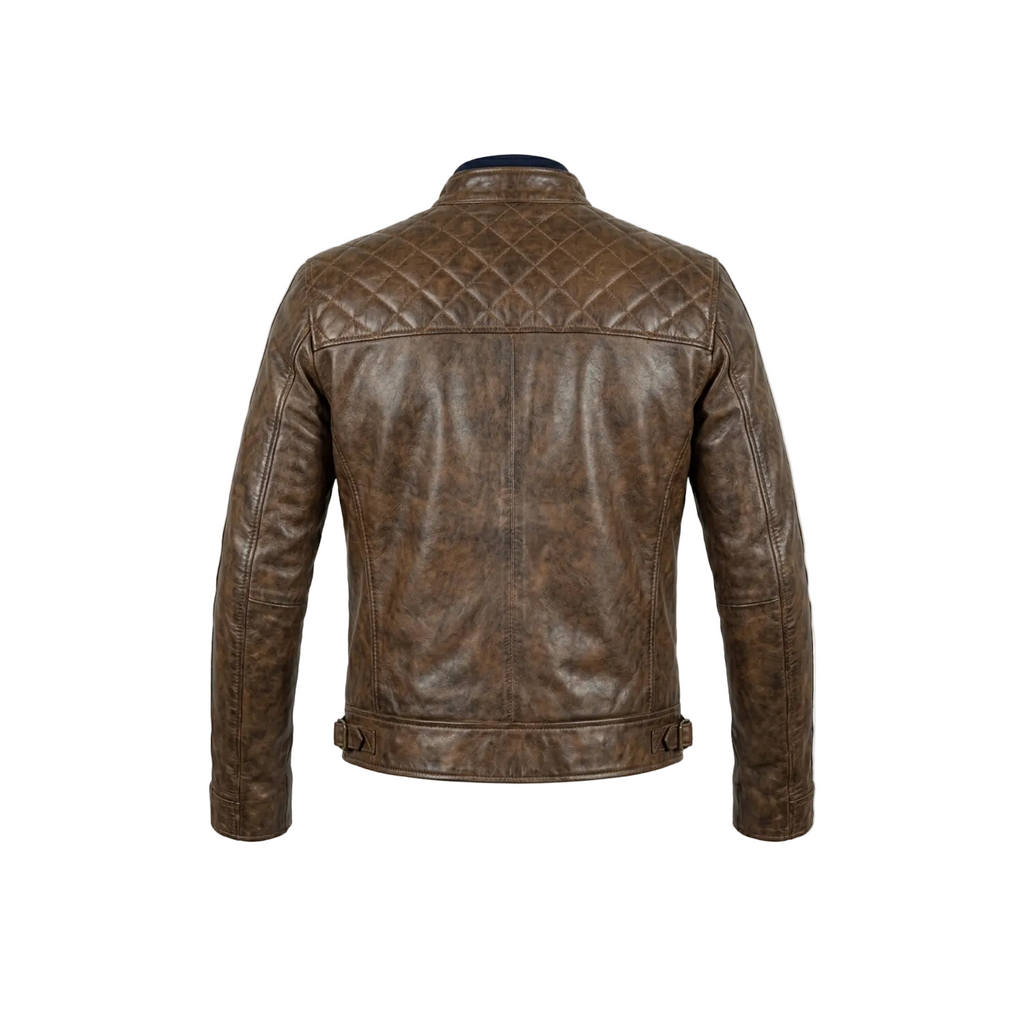 Brown leather jacket on a white background with a brand logo.
