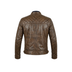 Brown leather jacket on a white background with a brand logo.