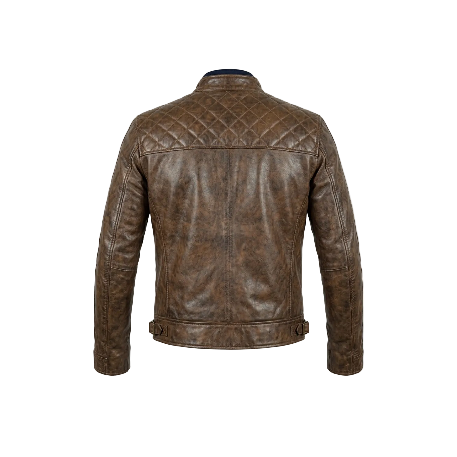 Brown leather jacket on a white background with a brand logo.